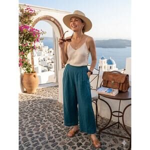 WoolOvers 100% Linen Wide Leg Pleated Crop Pants Culotes - Petrol Blue - Size 8